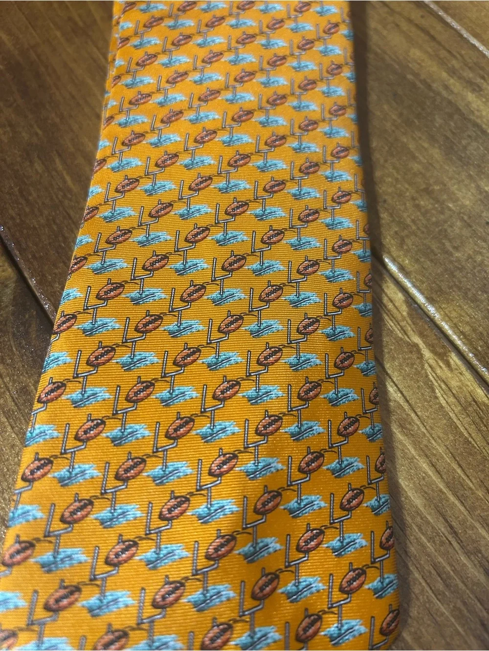 Men's Orange Patterned Necktie with Blue Accents football and goal posts